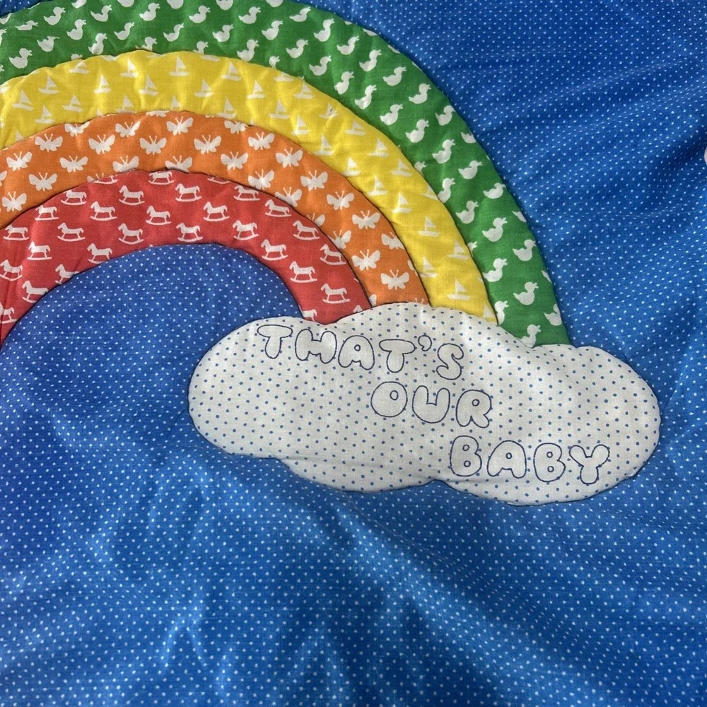 Vintage Handmade Baby Crib Quilt Rainbow Cowboy Duck 